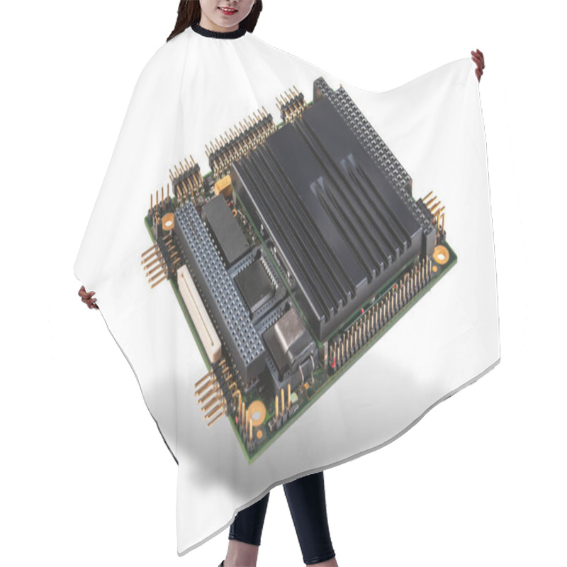 Personality  Close-up Of An Embedded PC/104+ CPU Module With Integrated Chips And Connectors, Isolated On A White Background. Hair Cutting Cape