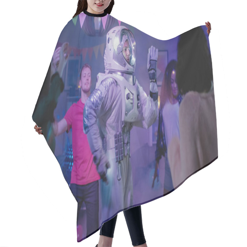 Personality  At The College House Costume Party: Fun Guy Wearing Space Suit Dances Off, Doing Robot Dance Modern Moves. With Him Beautiful Girls And Boys Dancing In Neon Lights. Hair Cutting Cape