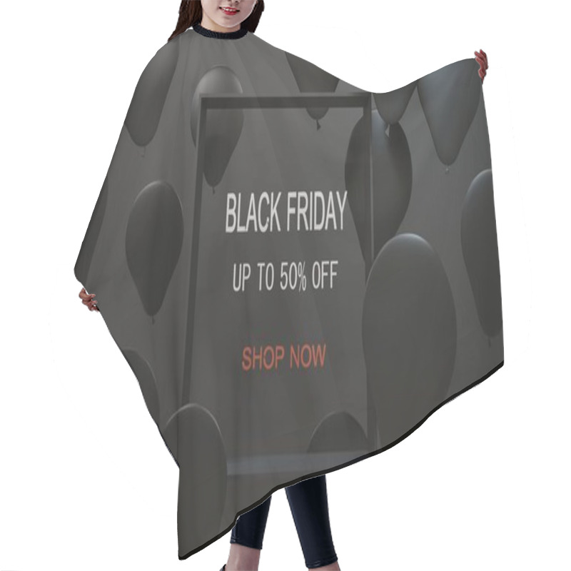 Personality  Black Friday Sale 3D Render. Black Balls And Text Sale. Up To 50% Off Hair Cutting Cape