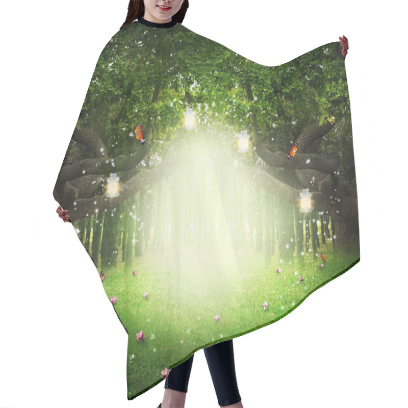 Personality  Fantasy World. Enchanted Forest With Magic Lights, Beautiful Butterflies And Way Between Trees Hair Cutting Cape