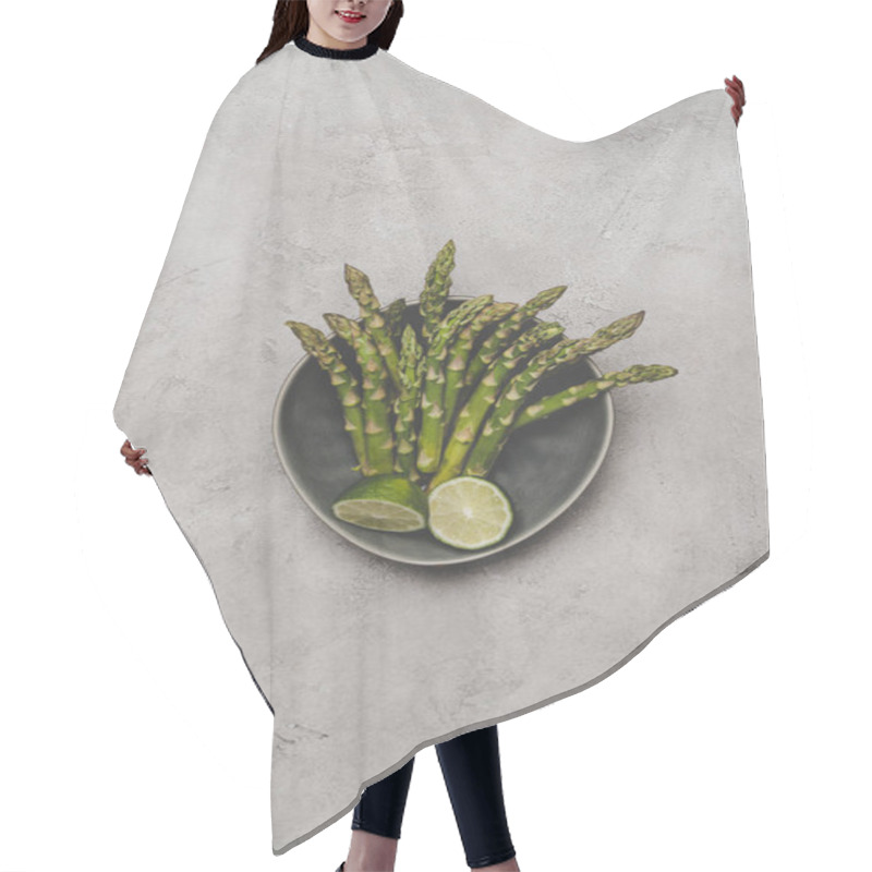 Personality  Top View Of Fresh Healthy Asparagus And Sliced Lime On Plate On Grey Hair Cutting Cape