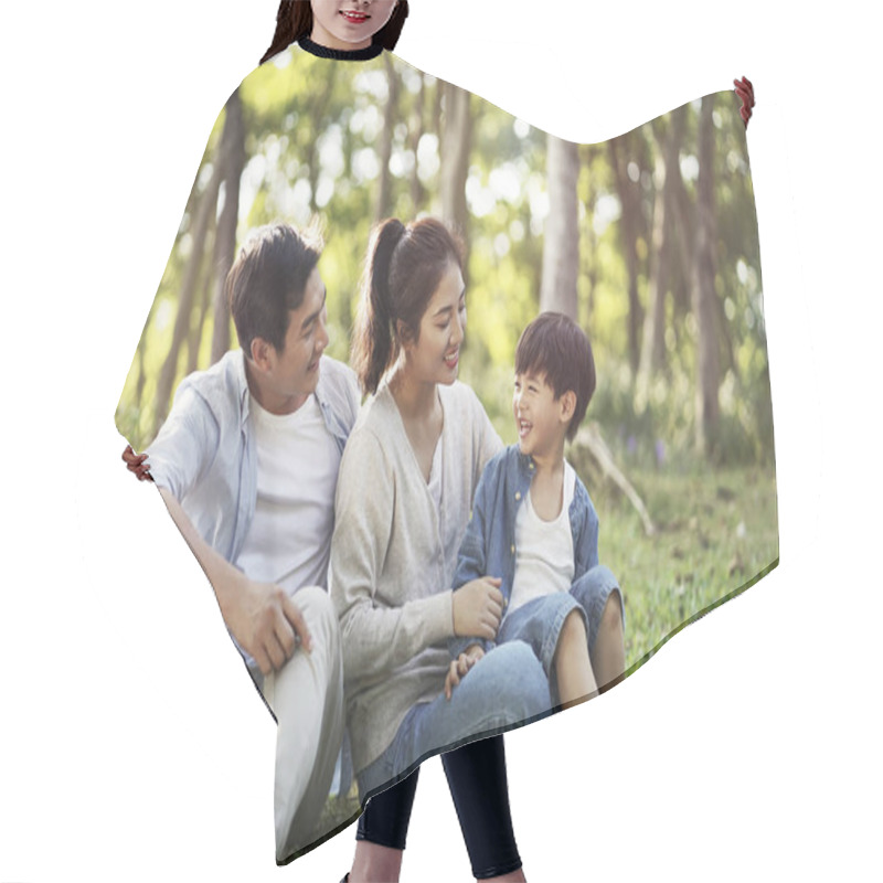 Personality  Asian Family With One Child Relaxing Outdoors Hair Cutting Cape