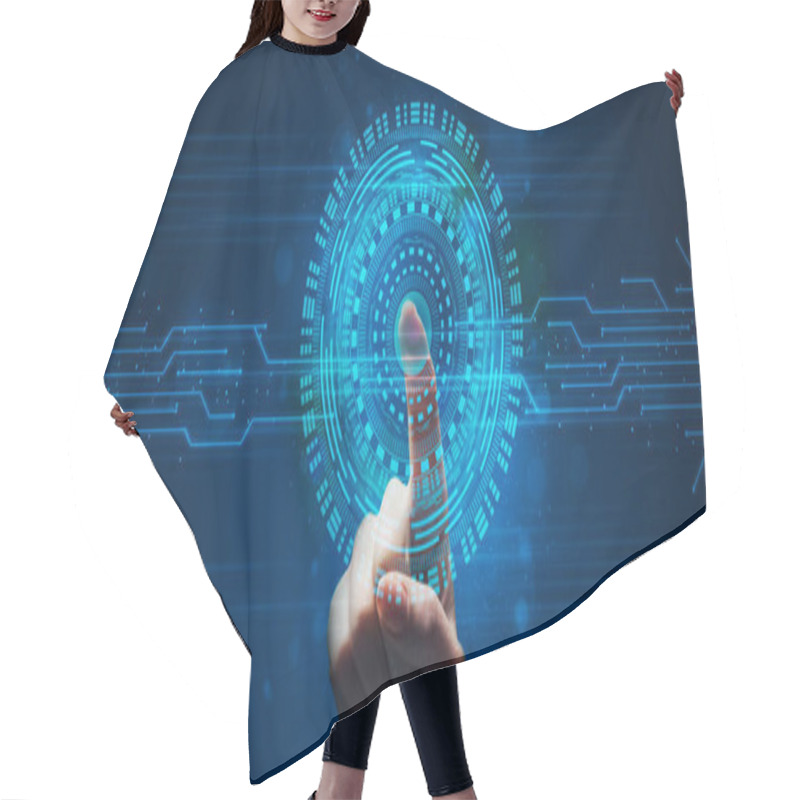 Personality  Finger Touching Virtual Panel Scanning Fingerprint For Verification, Blue Background Hair Cutting Cape