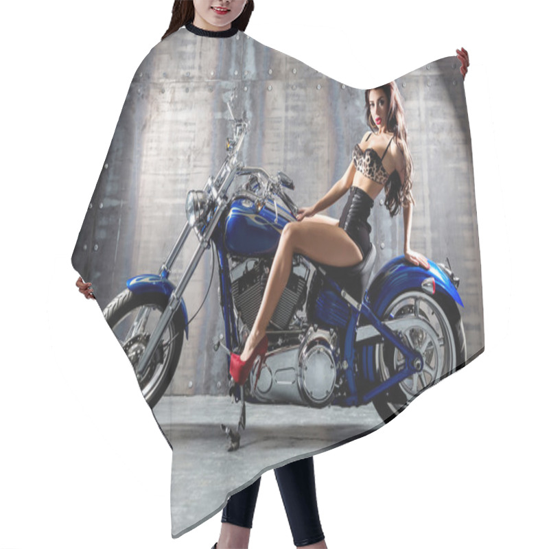 Personality  Young Sexy Woman Sitting On Motorcycle. Hair Cutting Cape