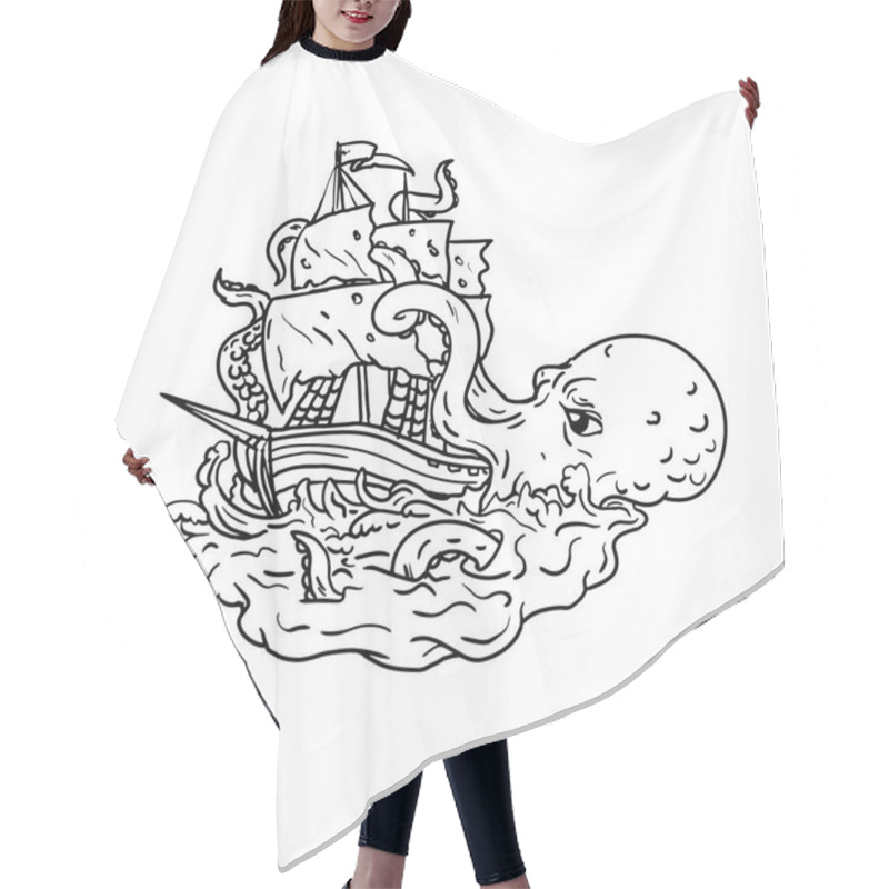 Personality  Doodle Art Illustration Of A Kraken, A Legendary Cephalopod-like Giant Sea Monster Attacking A Sailing Ship With Its Tentacles On Sea With Tumultuous Waves Done In  Black And White Drawing Style. Hair Cutting Cape