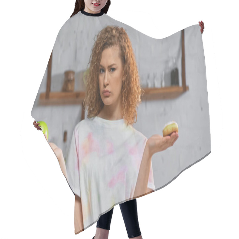 Personality  Curly Young Woman Choosing Between Apple  And Donut Hair Cutting Cape