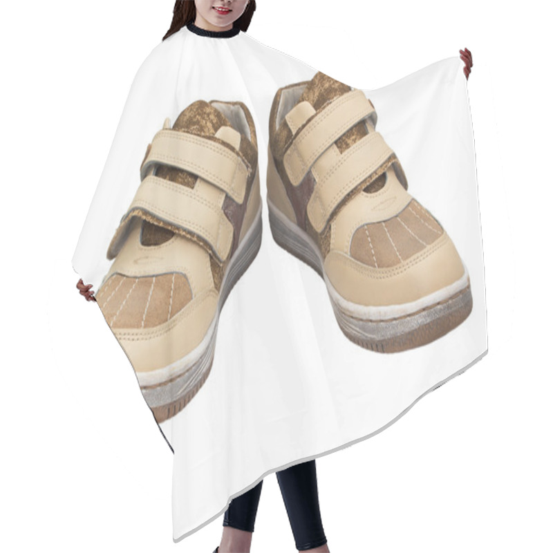 Personality  Old Children Beige Shoes With Velcro Sneakers Isolated On White Hair Cutting Cape