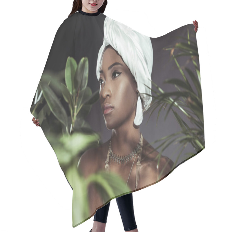 Personality  Attractive African American Woman In Stylish Wire Head Wrap Behind Leaves Hair Cutting Cape