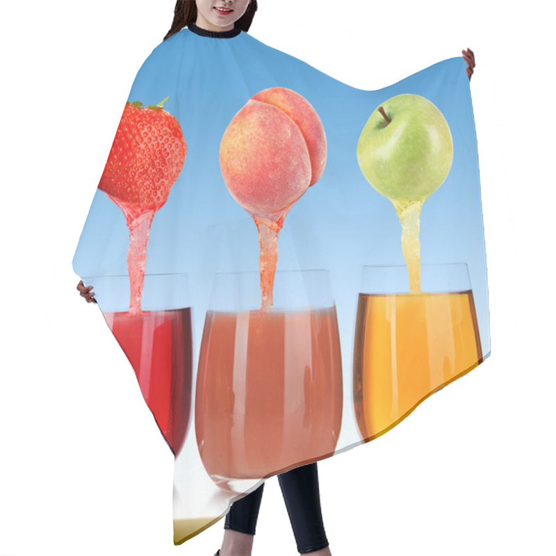 Personality  Fresh Juice Pours From Fruits And Strawberry Into A Glasses, On Blue Background Hair Cutting Cape