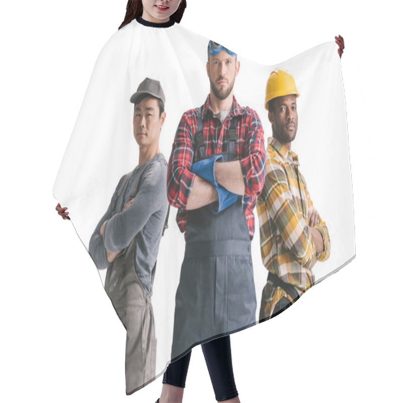 Personality  Group Of Multiethnic Construction Workers Hair Cutting Cape