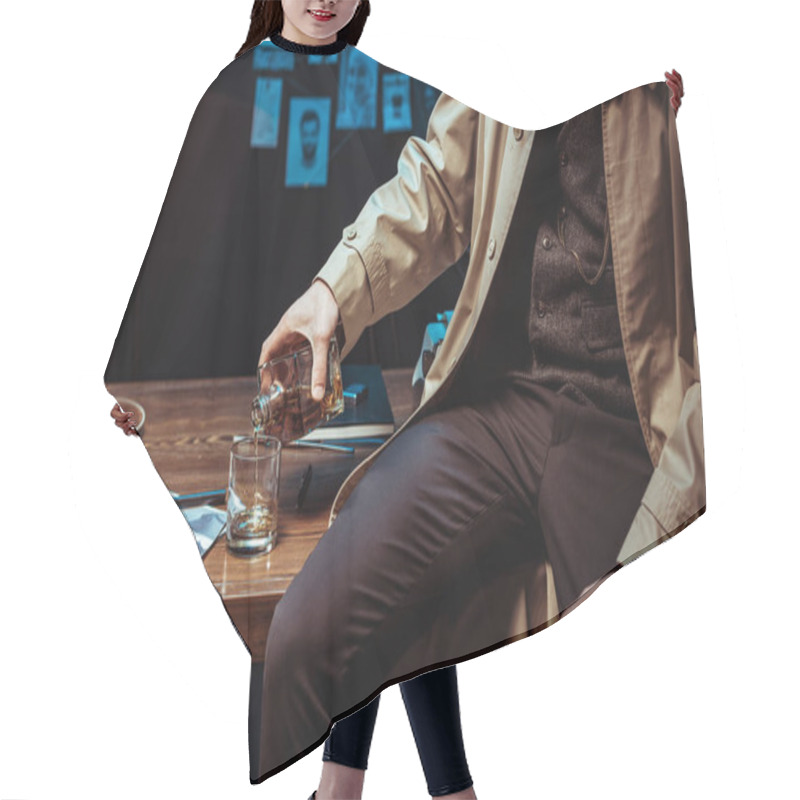 Personality  Partial View Of Detective Pouring Cognac In Glass While Sitting On Table Hair Cutting Cape