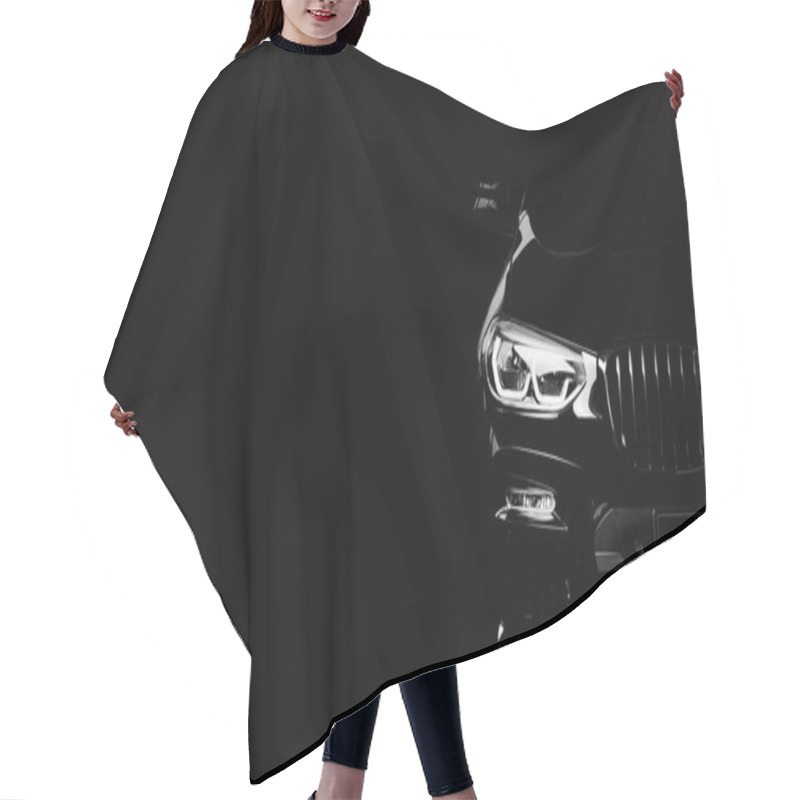 Personality  Silhouette Of Black Sports Car With Headlights On Black Background. Hair Cutting Cape