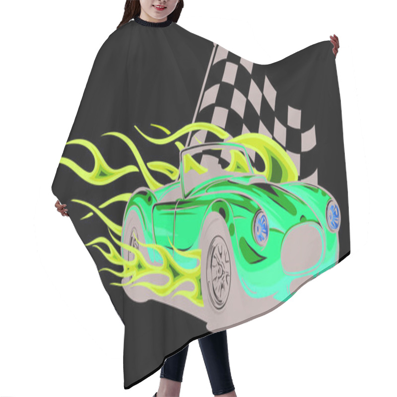 Personality  Vector Illustration Muscle Car With Flames And Race Flag Hair Cutting Cape