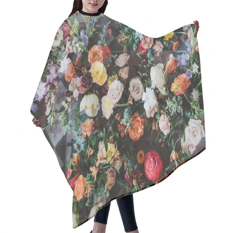 Personality  Top View Of A Vibrant Floral Arrangement On A Patterned Rug. Hair Cutting Cape