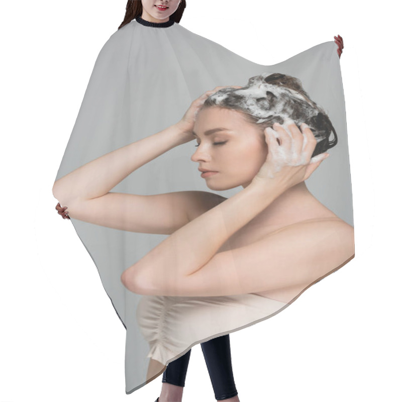 Personality  Young Woman With Closed Eyes Washing Wet And Foamy Hair Isolated On Grey  Hair Cutting Cape