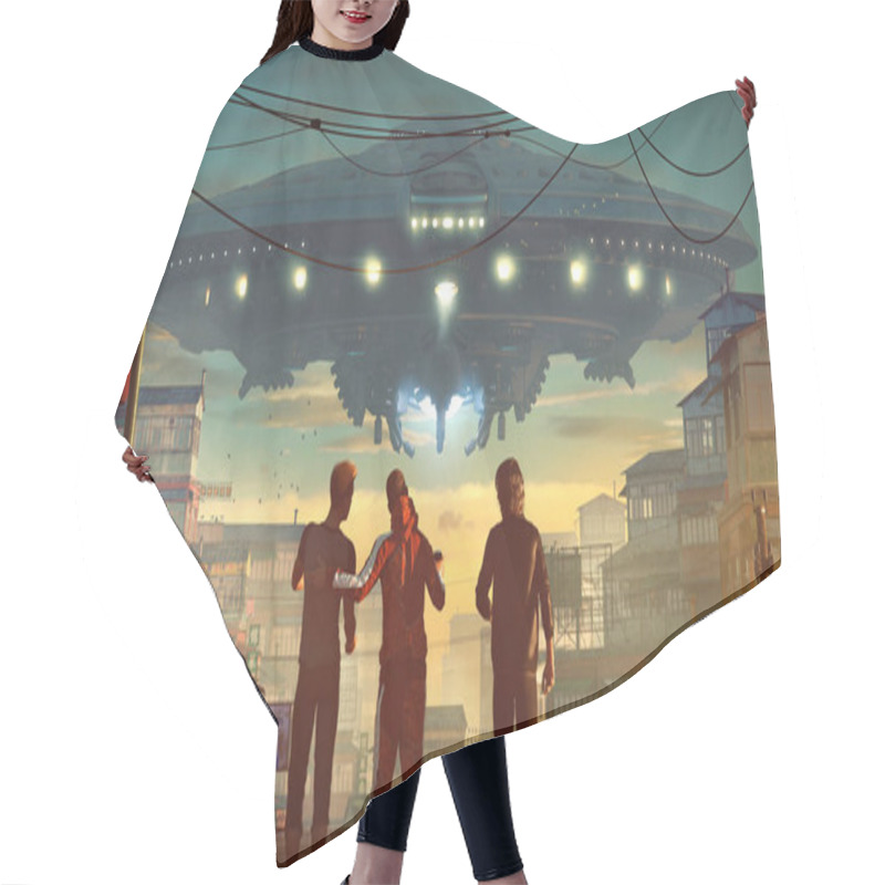 Personality  Giant Ufo Floating On An Asian City Slum With Three Guys Talking About Alien Invasion On A Roof -  Concept Art - 3D Rendering  Hair Cutting Cape