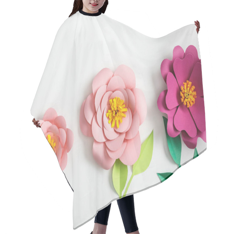 Personality  Top View Of Pink Paper Flowers And Green Plants With Leaves On Grey Background Hair Cutting Cape