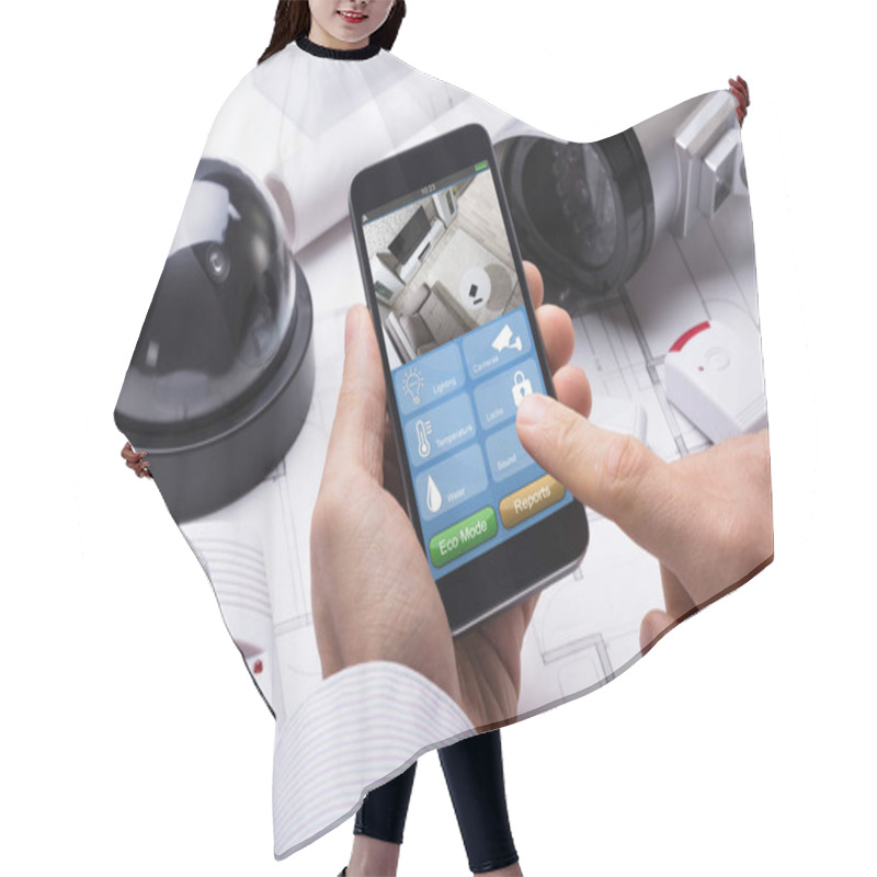 Personality  Person Hand Using Home Security System On Mobilephone With On Blueprint With Security Equipment Hair Cutting Cape