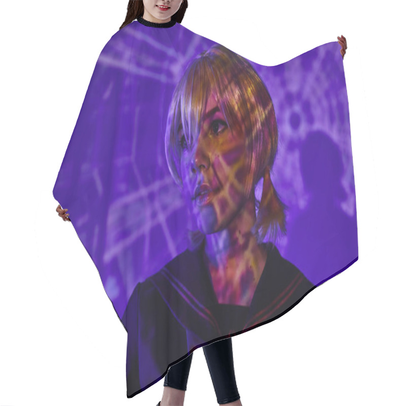 Personality  Portrait Of Anime Woman In Blonde Wig In Abstract Projection On Blue Neon Backdrop, Fusion Style Hair Cutting Cape