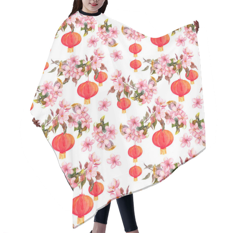 Personality  Holiday Chinese Lantern In Spring Blossom - Sakura Flowers . Repeating Pattern. Watercolor Background Hair Cutting Cape