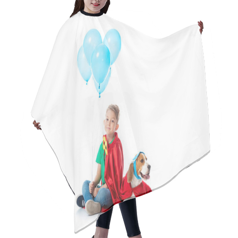 Personality  Preschooler Child And Beagle Dog In Red Hero Cloaks With Blue Party Balloons On White Hair Cutting Cape