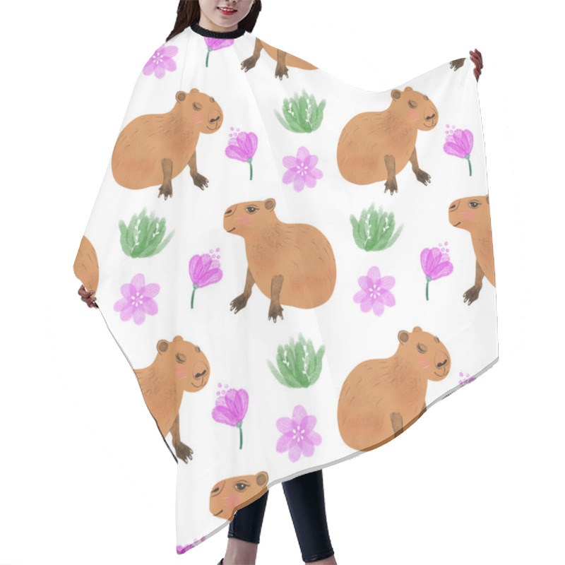 Personality  Cute Capybara With Flowers Seamless Pattern Design On White Background Hair Cutting Cape