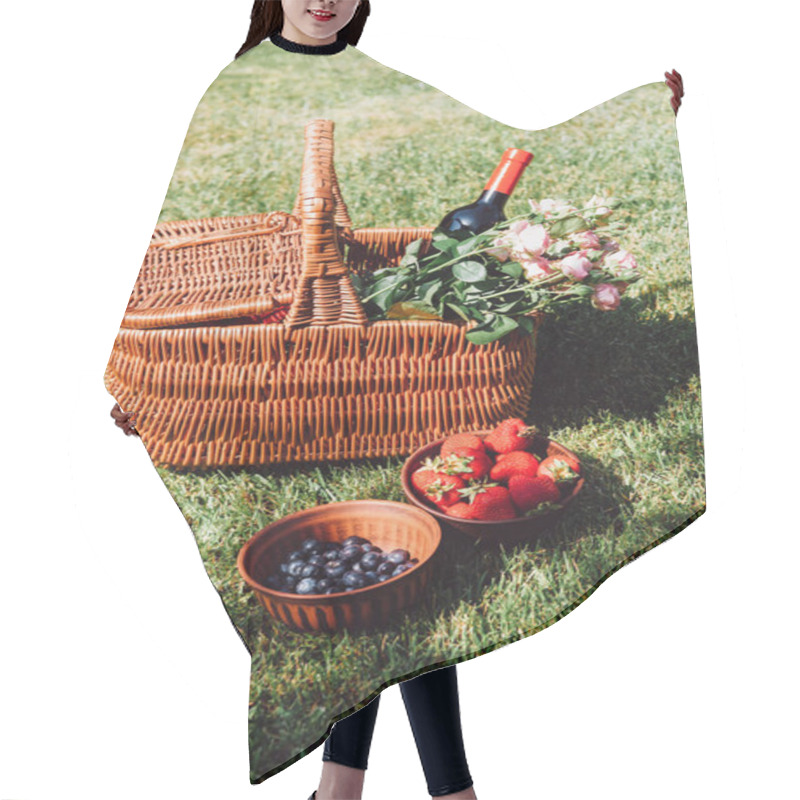 Personality  Wicker Basket With Roses And Bottle Of Wine On Green Grass Near Strawberries And Blueberries In Bowls Hair Cutting Cape