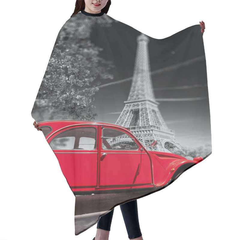 Personality  Eiffel Tower With Old Red Car In Paris, France Hair Cutting Cape