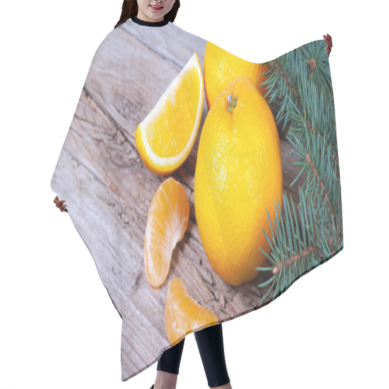 Personality  Juicy Oranges And Tangerine Slices Are Arranged On A Weathered Wooden Surface With Pine Branches, Suggesting A Fresh, Natural Ambiance. Hair Cutting Cape