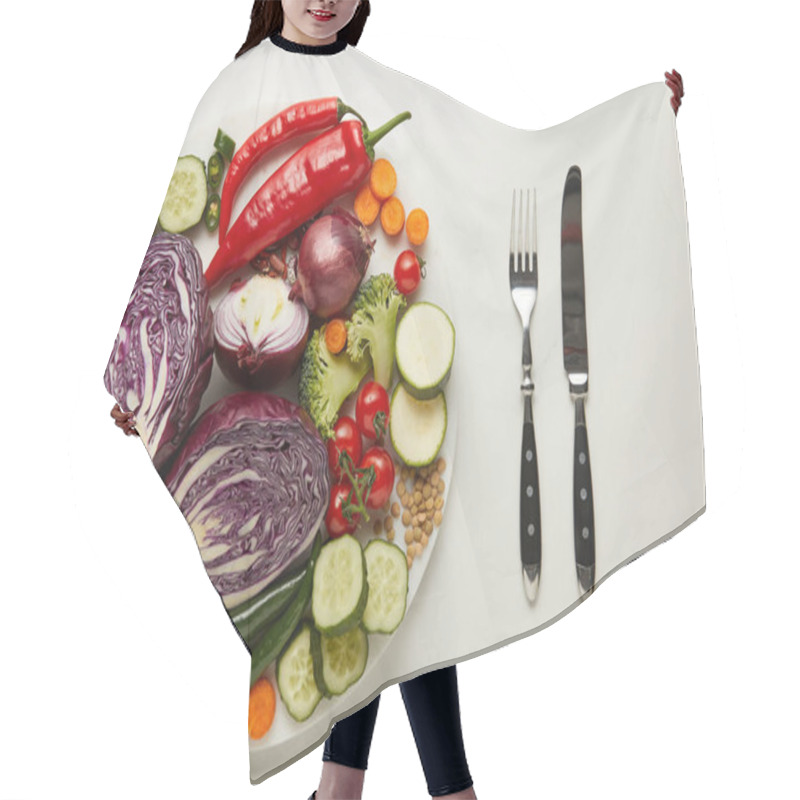 Personality  Top View Of Cutlery And Fresh Vegetables On White Surface Hair Cutting Cape