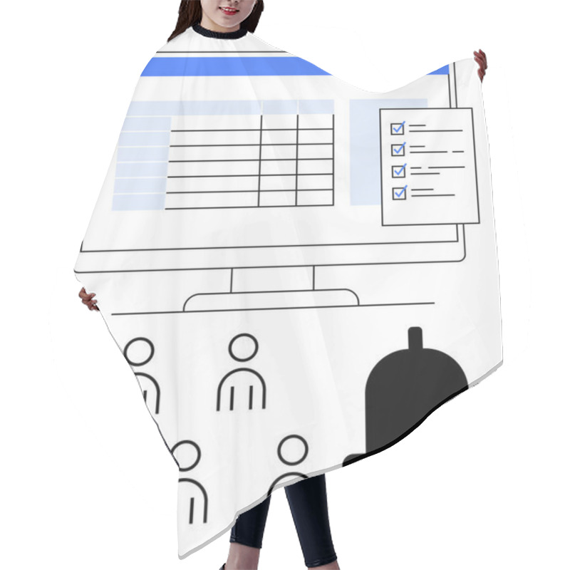 Personality  Computer Screen With Spreadsheet And Checklist, Six User Icons, Bell Notification Symbol. Ideal For Productivity Tools, Project Management, Team Collaboration, User Engagement, Task Tracking Hair Cutting Cape