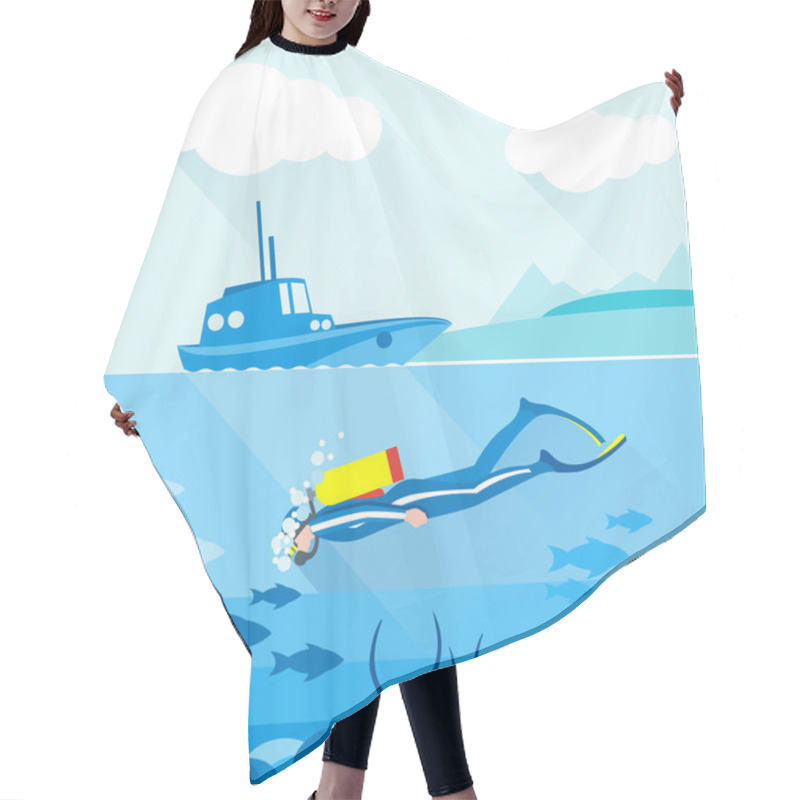 Personality  Scuba Diver Exploring Ocean Bottom With Algae And Fish. Blue Boat At The Water Surface, Land And White Clouds. Digital Vector Image Hair Cutting Cape