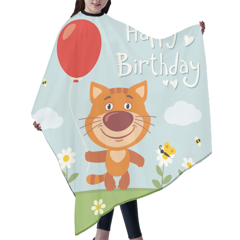 Personality  Greeting Card With Cute Funny Cartoon Character Of Cat With Red Balloon On Flower Meadow And Text Happy Birthday Hair Cutting Cape