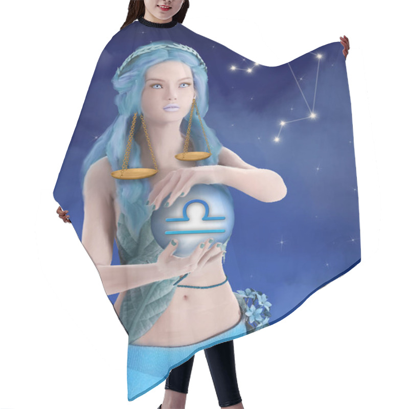 Personality  Beautiful Girl With Blue Hair And Bizarre Earrings In The Shape Of Scales Portraying Libra Zodiac Sign Hair Cutting Cape