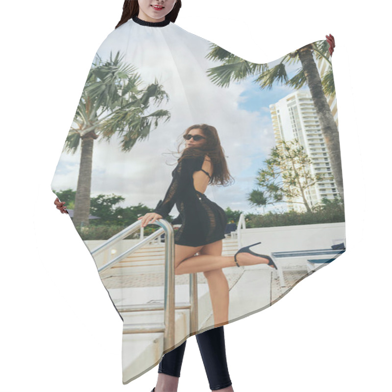 Personality  Palm Trees In Luxury Resort, Sexy Brunette Woman With Tanned Skin In Black Knitted Dress, Sunglasses And High Heels Standing Next To Ladder Of Outdoor Swimming Pool In Miami, Hotel, Summer Getaway  Hair Cutting Cape