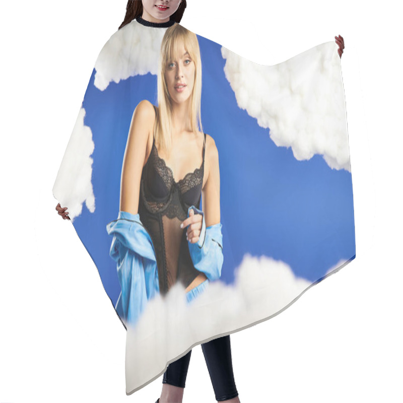 Personality  Alluring Blonde Woman In Lingerie Standing Gracefully Amidst Fluffy Clouds. Hair Cutting Cape