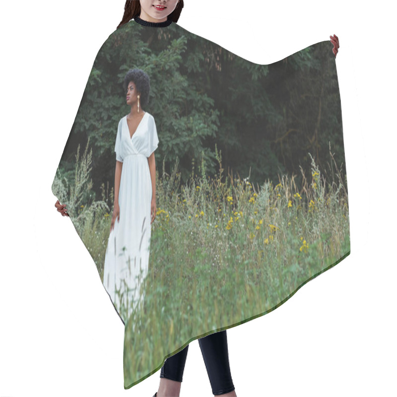 Personality  Selective Focus Of Beautiful African American Woman In Field With Wildflowers  Hair Cutting Cape