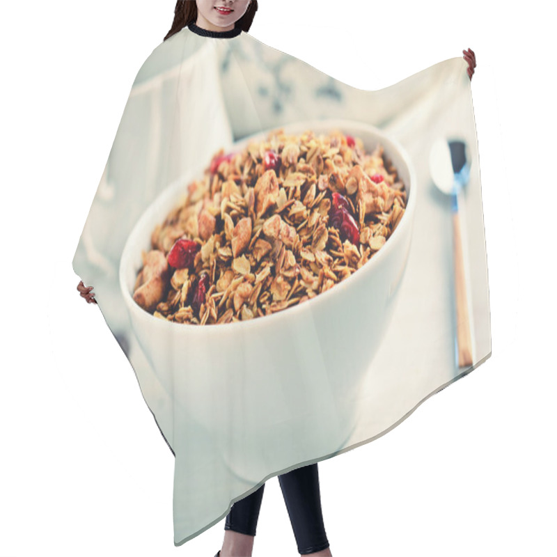 Personality  Granola (muesli) With Nuts And Dried Fruits In Bowl, Retro Style Hair Cutting Cape