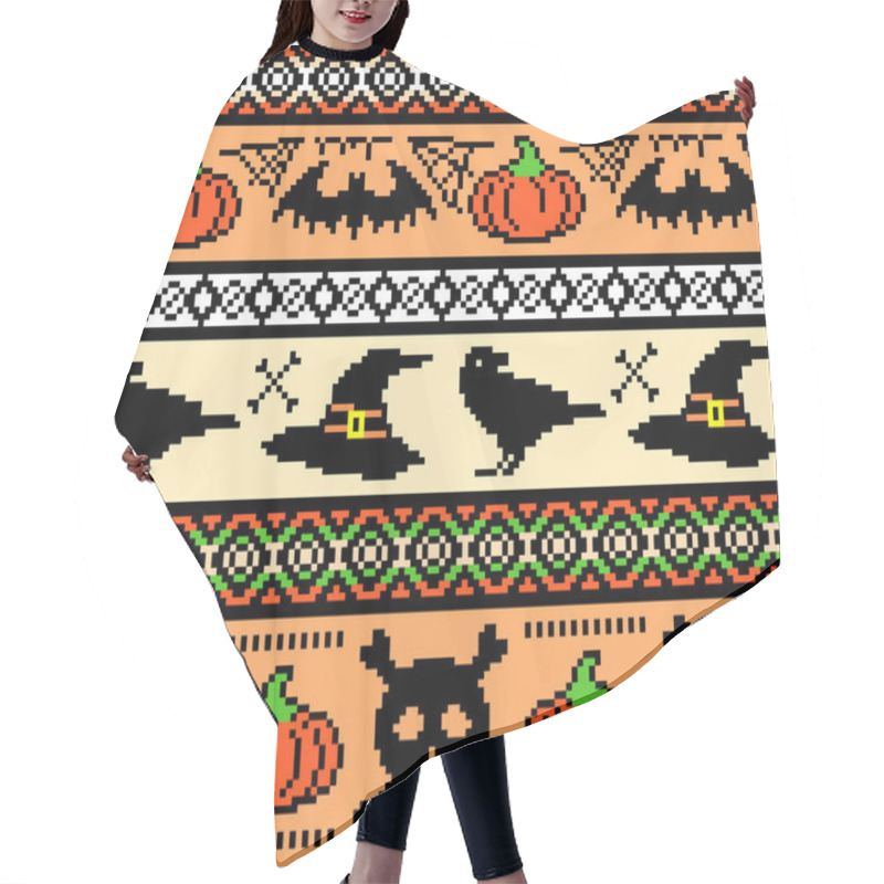 Personality  Halloween, Pixel Art. Seamless Pattern With Bats Hats And Skulls, Repeating Background For Embroidery And Knitting,Seamless Knitting Pattern Hair Cutting Cape