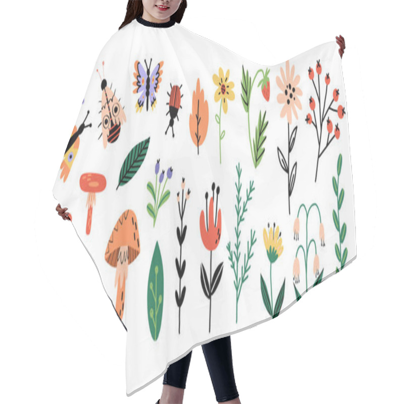 Personality  Forest Flora And Insects Set. Various Bloomy Flowers, Leaves, Plants, Mushrooms, Wild Berries, Cute Bugs And Butterflies Hair Cutting Cape