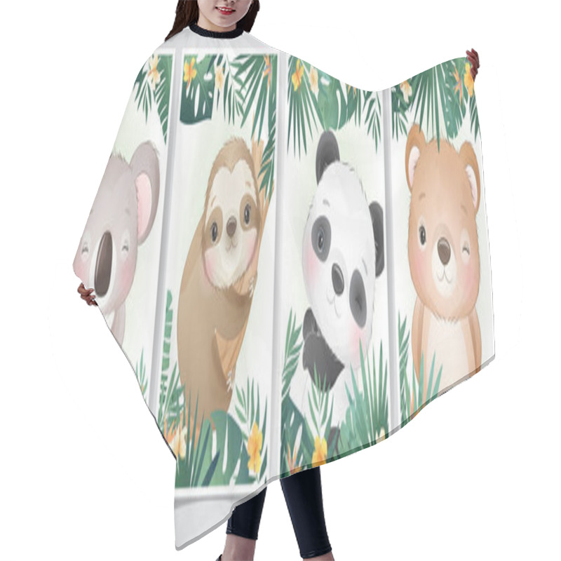 Personality  Cute Doodle Animals With Floral Set Illustration Hair Cutting Cape