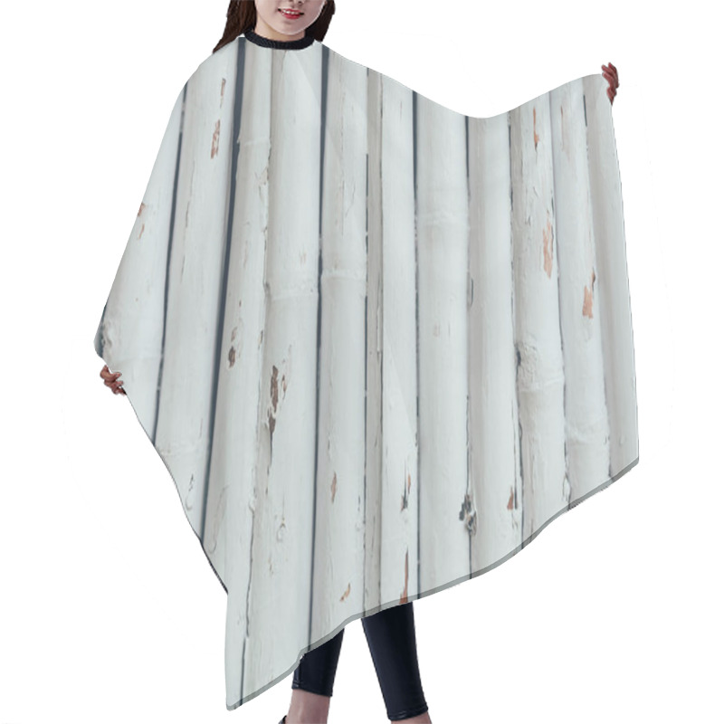 Personality  Fence Made Of Wooden Logs Painted In White For Background Hair Cutting Cape