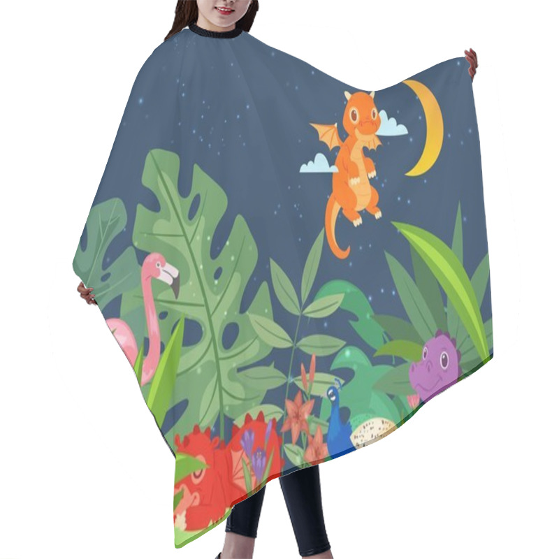 Personality  Cute Dinosaurs In Dino World With Palm Trees, Exotic Birds At Night Vector Illustration. Prehistoric World With Cute Baby Dragons. Dinosaur Sleeping And Flying In Tropic Plants. Hair Cutting Cape