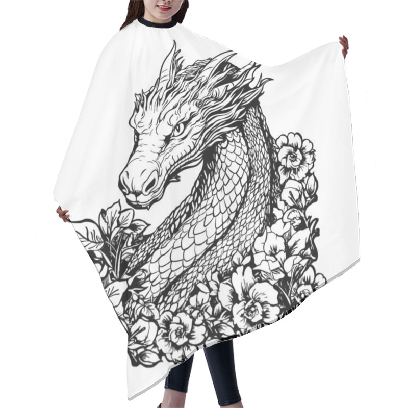 Personality  Cute Dragon With Flowers. Isolated On A White Background. Outlined For Coloring Book. Sketch For A Tattoo. Hair Cutting Cape