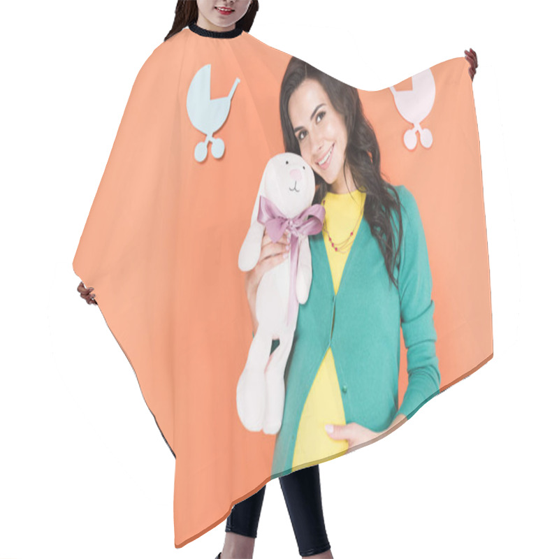 Personality  Pretty Pregnant Woman In Green Cardigan Holding Toy Rabbit On Orange Background Hair Cutting Cape