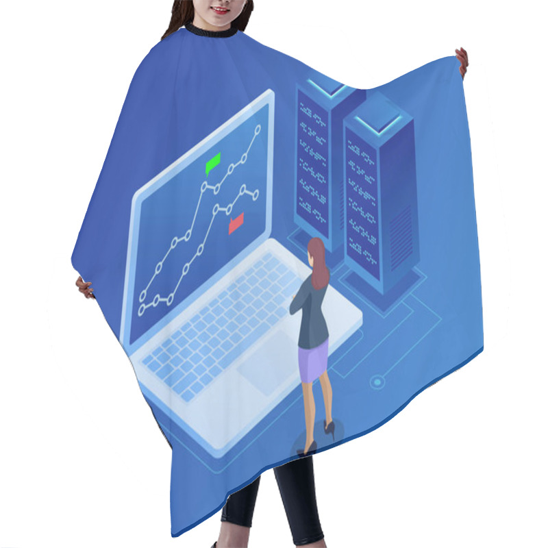 Personality  Isometric Businesswomen Trading Stocks Online. Stock Broker Looking At Graphs, Indexes And Numbers On Multiple Computer Screens. Cryptocurrency And Blockchain Concept. Hair Cutting Cape