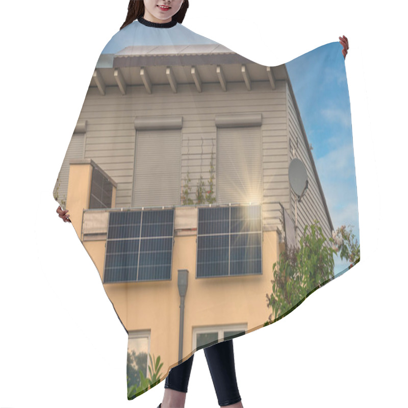 Personality   Balcony Solar Power Station Eco-friendly To Use Renewable Energy. Solar Power Plant On A Balcony With Sunlight Reflection And Special Lens Flare Light Effect. Hair Cutting Cape