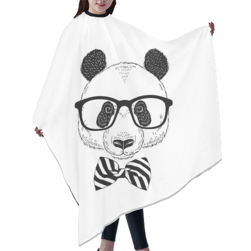 Personality  Panda Hipster Portrait In Glasses And Classy Stripy Tie Bow. Hand Drawn Vector Illustration Hair Cutting Cape