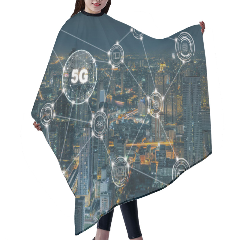 Personality  5G Technology With Various Icon Internet Of Thing Over The Closeup Bangkok Cityscape, Wireless Communication Connection Network Concept. Hair Cutting Cape