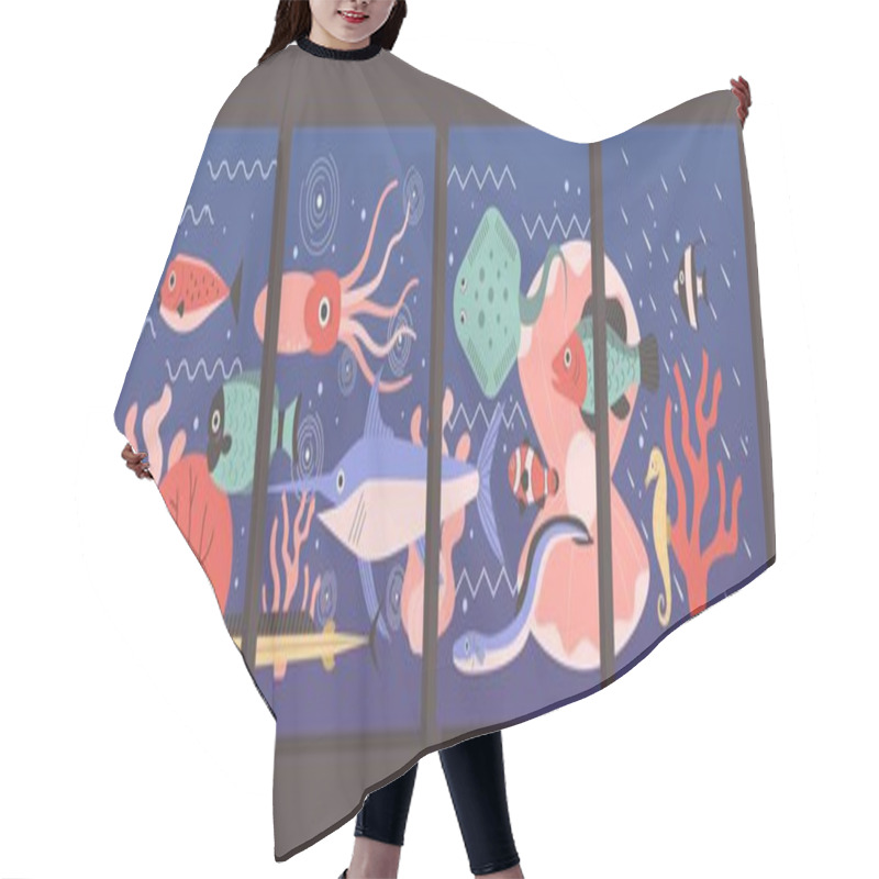 Personality  Water Cartoon Posters. Nature Underwater Background With Minimalistic Art. Fish And Seaweeds. Undersea Animals. Swordfish And Squid. Aquatic Fauna. Vector Ocean Collage Banners Set Hair Cutting Cape